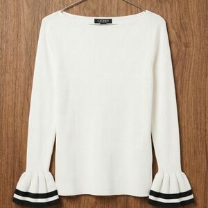 Ralph Lauren Cream Long Sleeve Top with Black Trim Ruffle Sleeves~Size Large